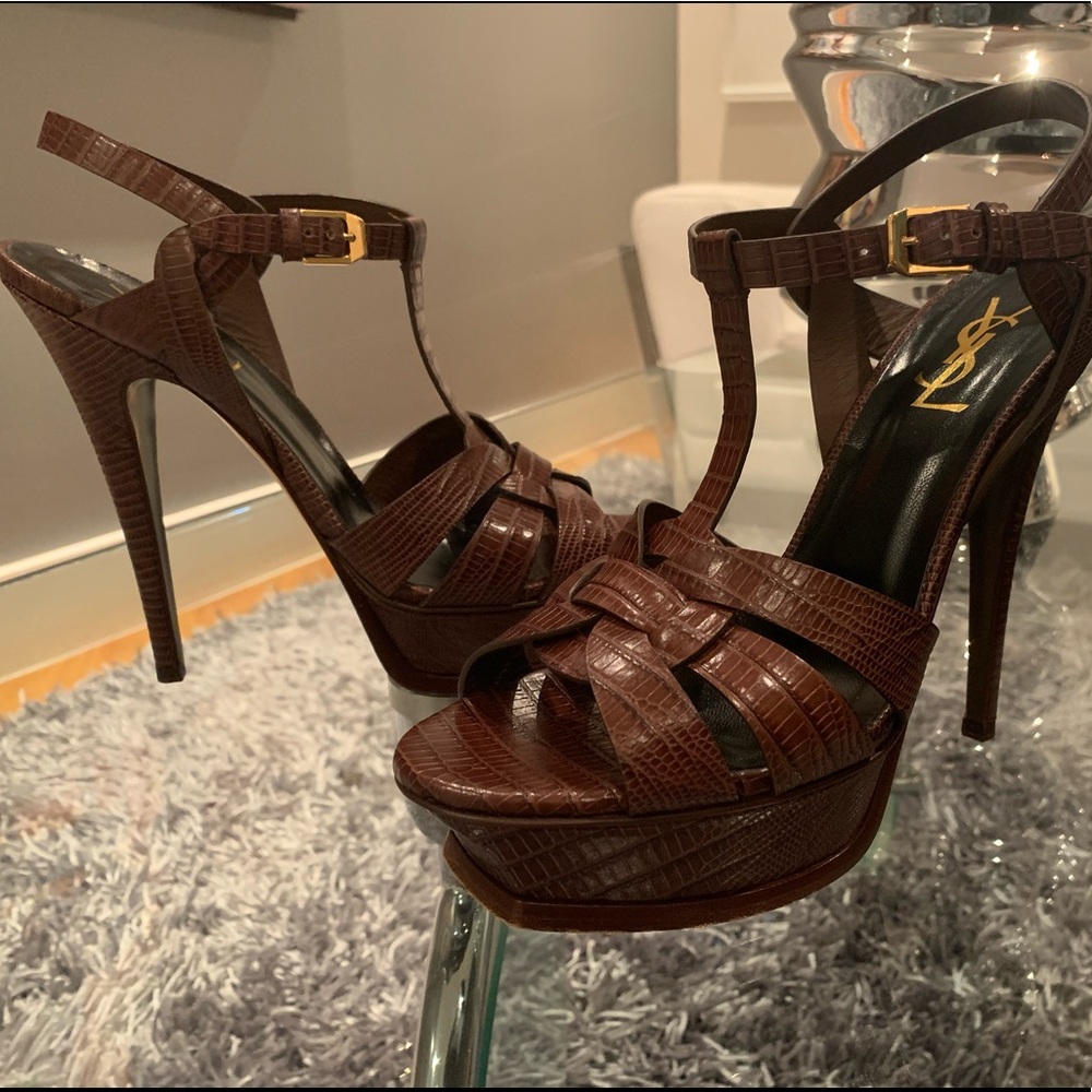 Ysl Tribute 105 brown snakeskin print sandals.
